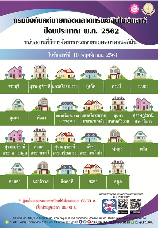 ﻿กรมบังคับคดีจัดการขายทอดตลาดทรัพย์สินทุกวันเสาร์ สำหรับเดือนพฤศจิกายน  2561